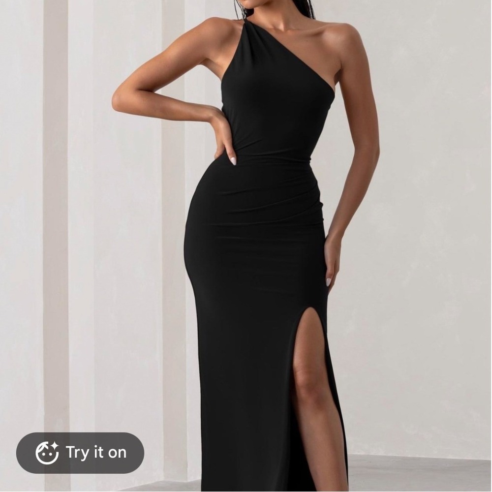 Club L London Black One Shoulder Ruched Maxi Dress Side Slit US 2 NWT